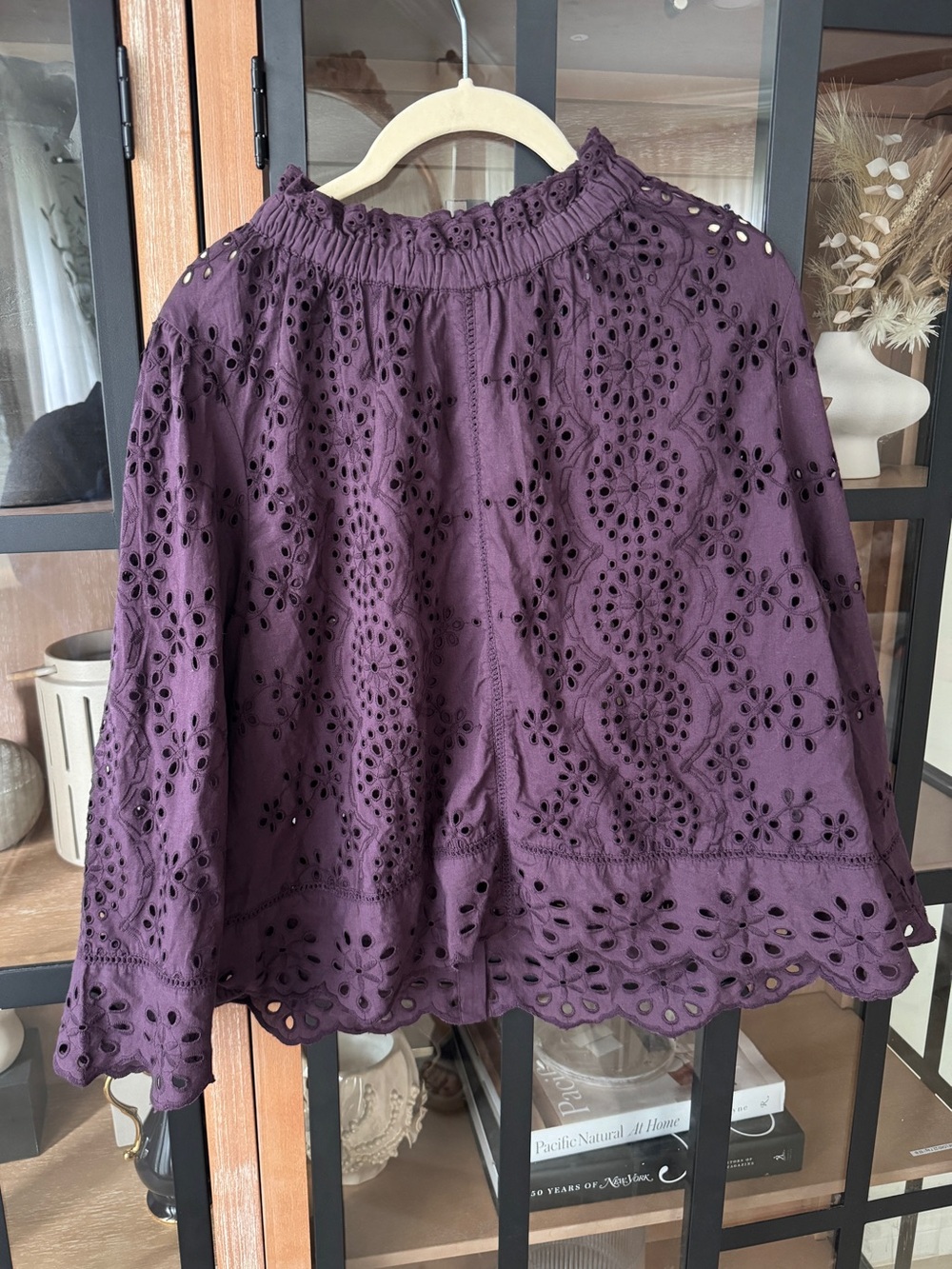 Jennifer&Grace plum eyelet embroidered cotton blouse long sleeve mockneck ruffle